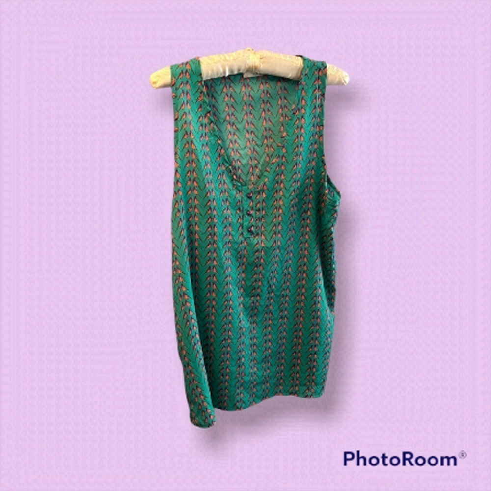 Everly Women’s Turquoise Bird Printed Sheer Sleeveless Blouse Top Size M